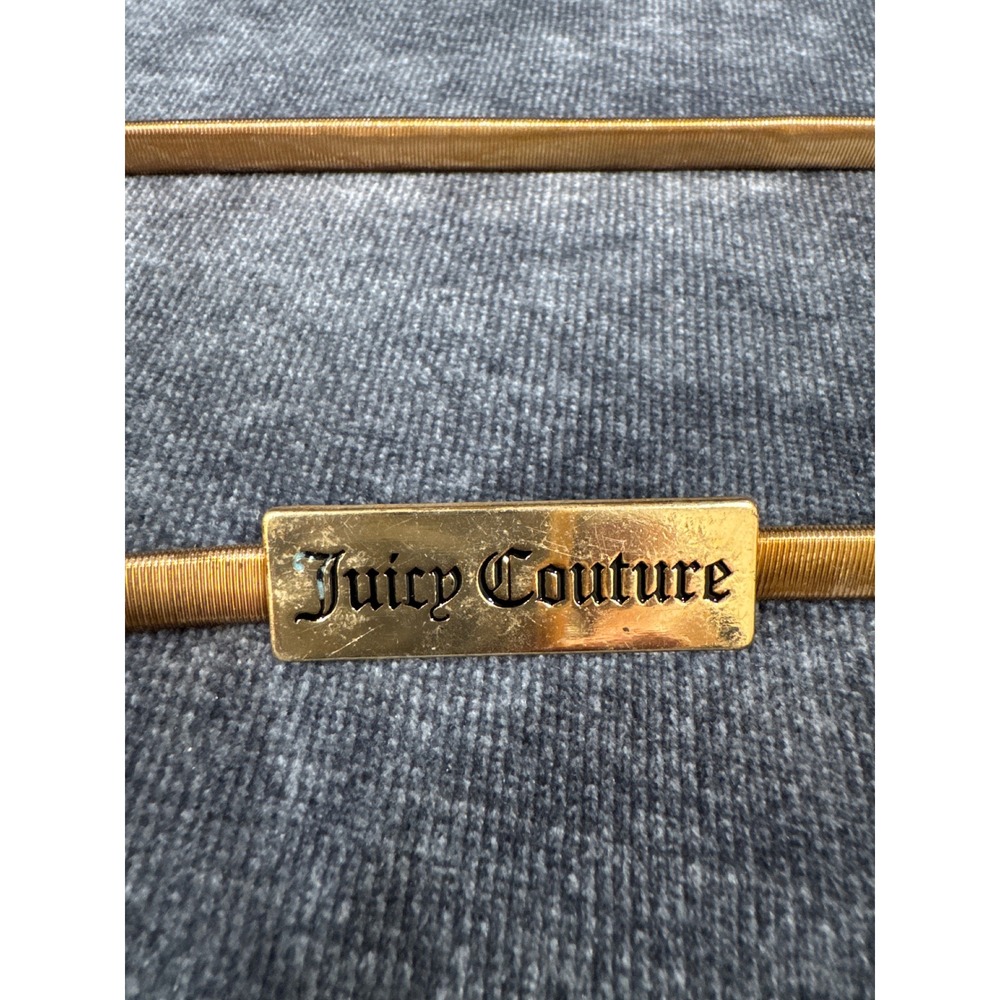 Juicy Couture Gold Skinny Stretch Belt Y2K Logo Plaque Metallic Cinch Accessory